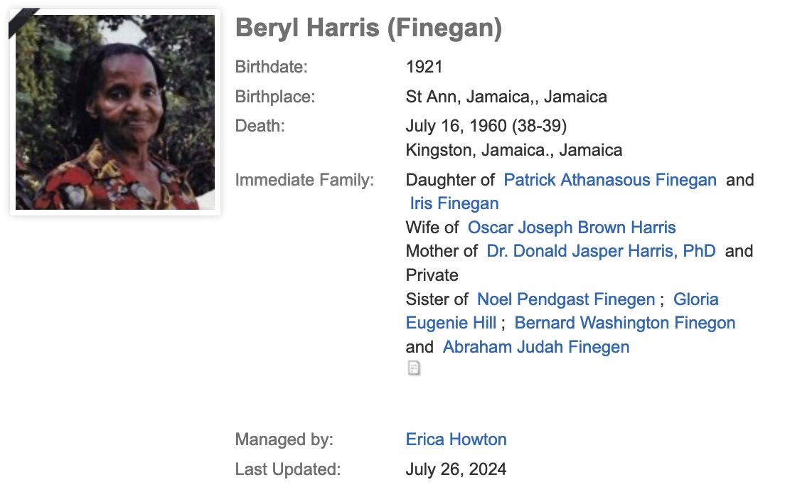 kamala grandmother beryl finegan